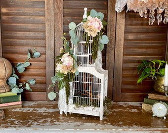 White Vintage Victorian Style Wood & Wire Dome Top Decorative Bird Cage with Shabby Cottage Roses, Real Preserved Florals, Bird in Birdnest