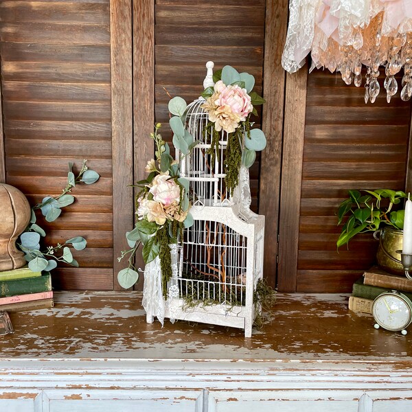 White Vintage Victorian Style Wood & Wire Dome Top Decorative Bird Cage with Shabby Cottage Roses, Real Preserved Florals, Bird in Birdnest