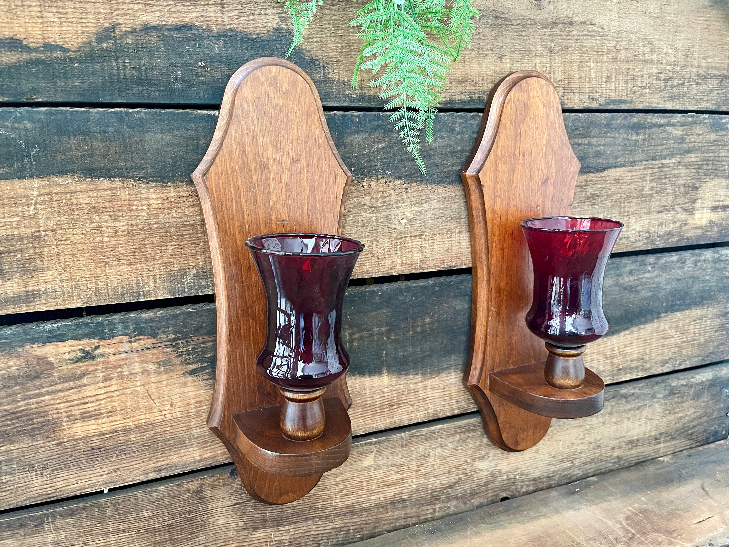 Pair of 2 Wooden Wall Candle Holders With Deep Red Glass Etsy