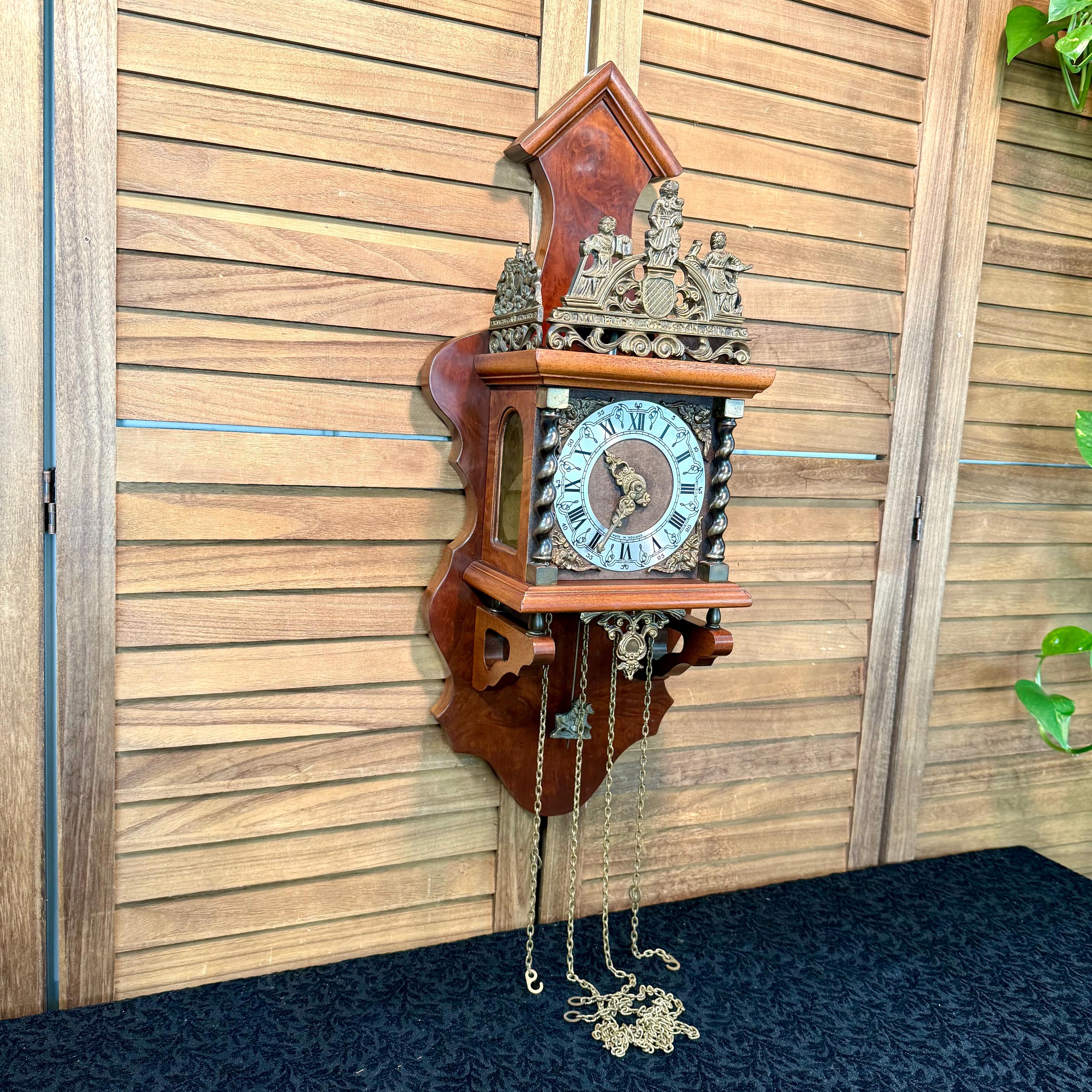Vintage Dutch Zaanse Wall Clock, Ornate Wood and Brass Pendulum Clock ...