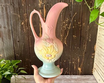 Vintage Large Hull Art Pottery Vase, 13.5" Pastel Pink Ewer Pitcher, #18 Magnolia Pattern