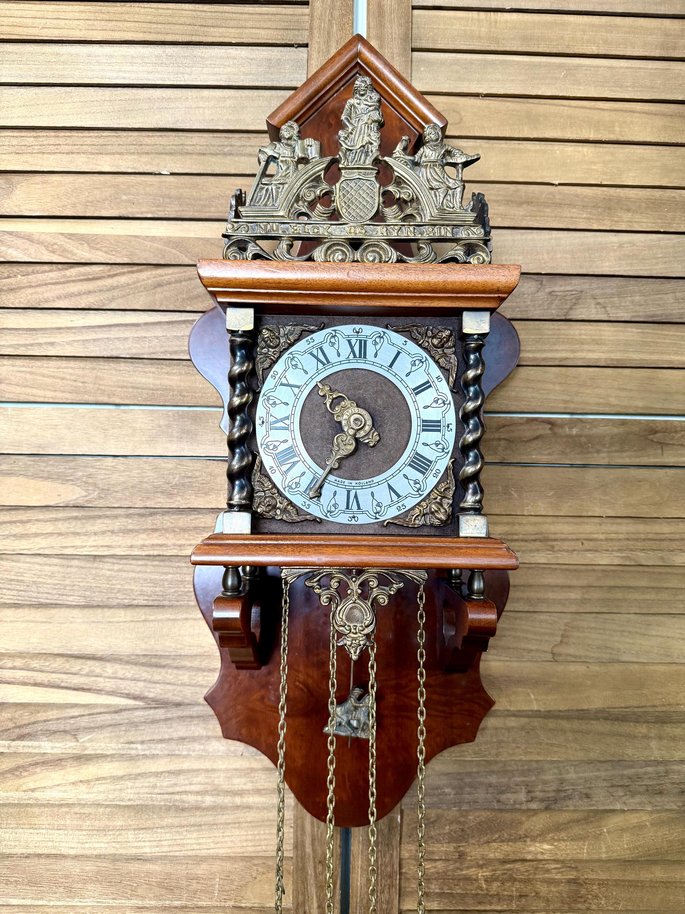 Vintage Dutch Zaanse Wall Clock, Ornate Wood and Brass Pendulum Clock ...