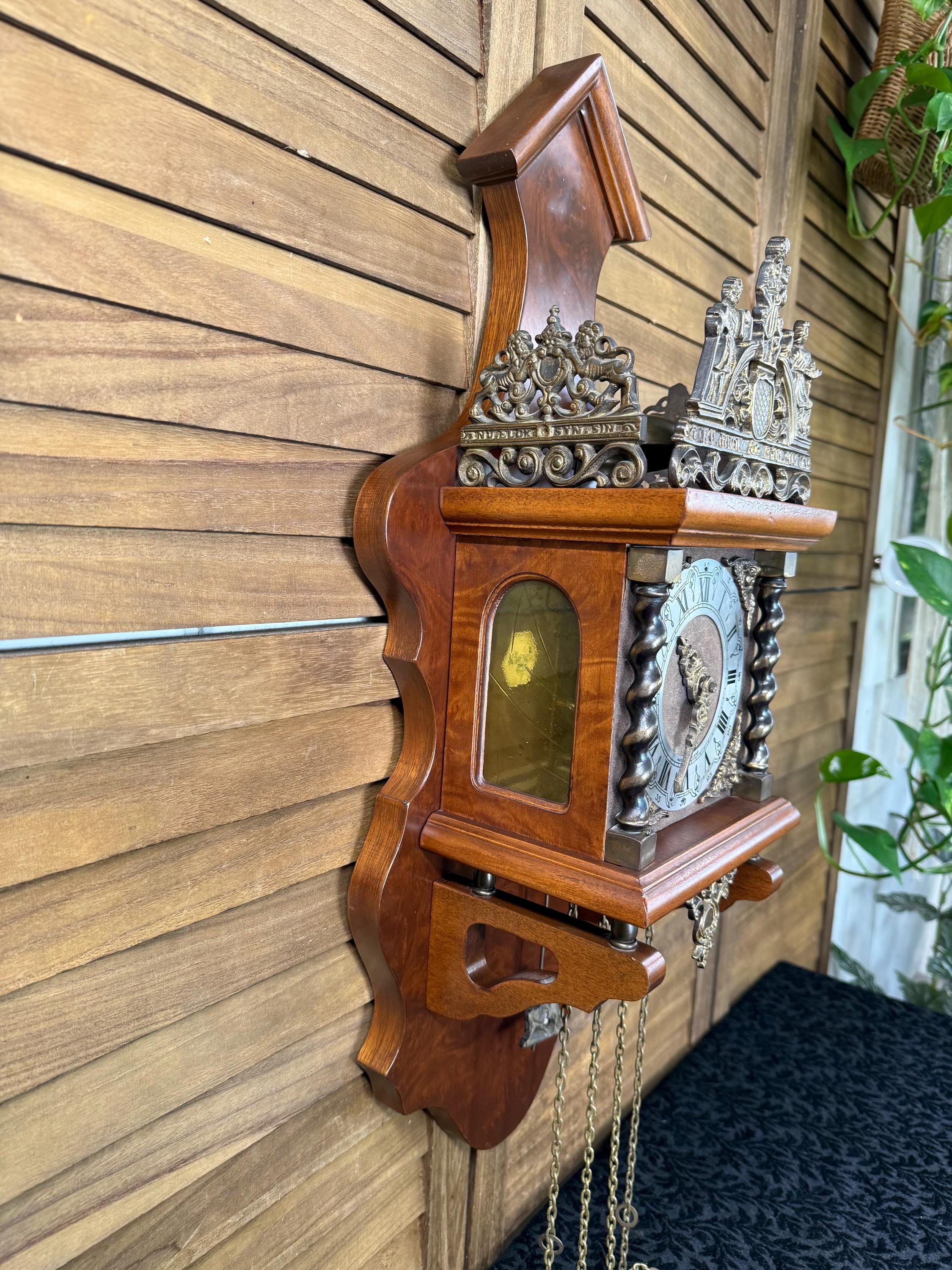 Vintage Dutch Zaanse Wall Clock, Ornate Wood and Brass Pendulum Clock ...
