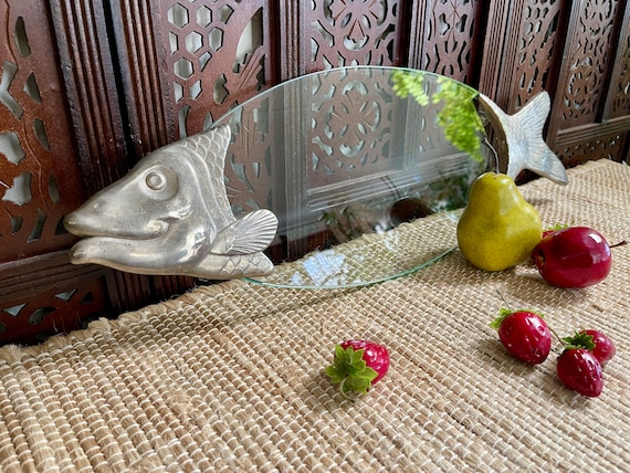 Fish Serving Platter Glass and Silver Metal Fish Head and Fish