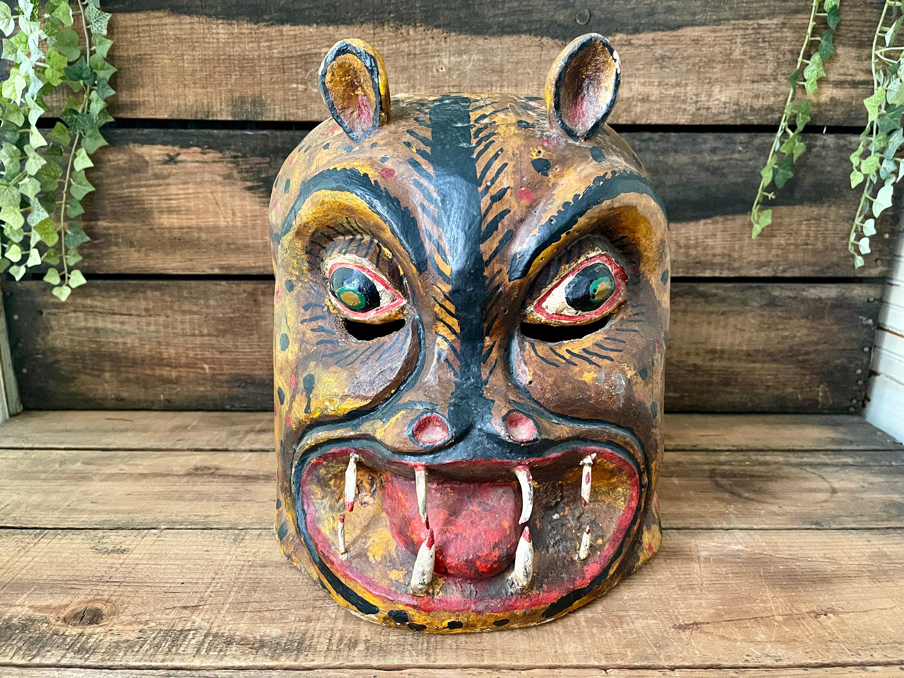 Large 2 Sided African JANUS Helmet Mask, Vintage Wooden Two Faced