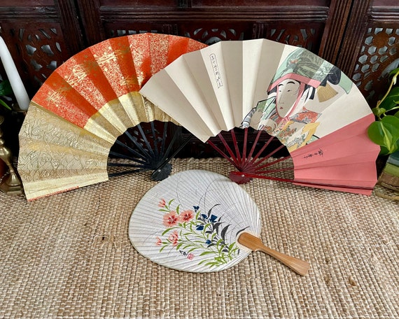 Set of Vintage Japanese Kyoto Folding Fans Painted Paper Uchiwa