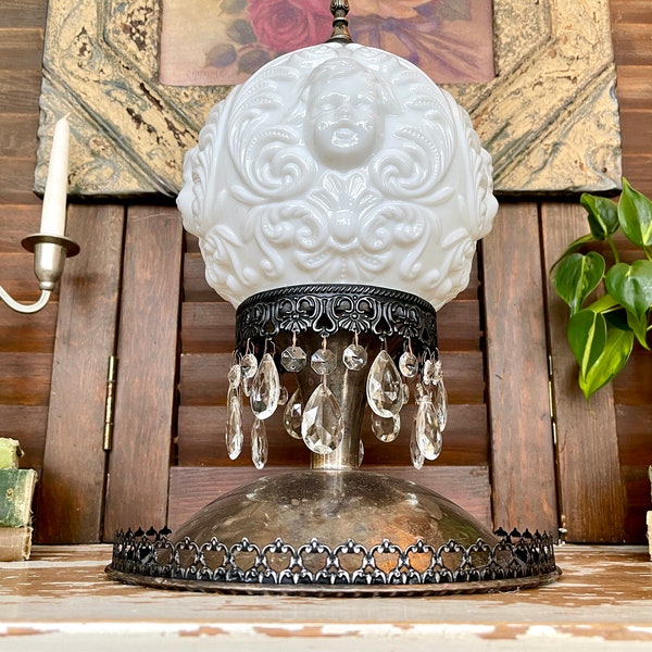 Repurposed Cordless Silverplate Shabby Accent Lamp, Vintage White Opal Embossed Cherub Angel Ball Shade and Crystal Prisms, One of a Kind!