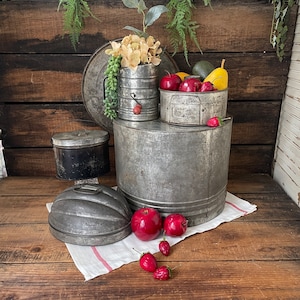 5 pc Curated Kitchen Baking and Storage Containers Collection, Vintage and Antique Tin and Galvanized Metal Country Farmhouse Kitchen Decor