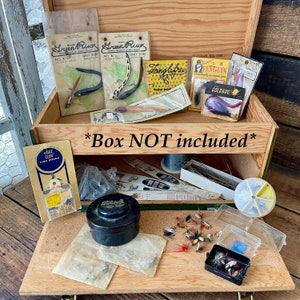 Vintage Fishing Tackle LOT, Fishing Lures, Hand Tied Flies, Fish Hooks, Leaders & more, The box is NOT included