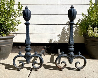Large Antique Forged Iron Andirons - Spanish Revival - Gothic - Medieval - Mission - Arts & Crafts - Vintage Black Iron Firedogs