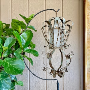 Vintage Spanish Mexican Metal Hanging Lantern, Textured Glass Panels (missing 1 panel) Natural Rusty Distressed Patina, Beautiful Scrollwork