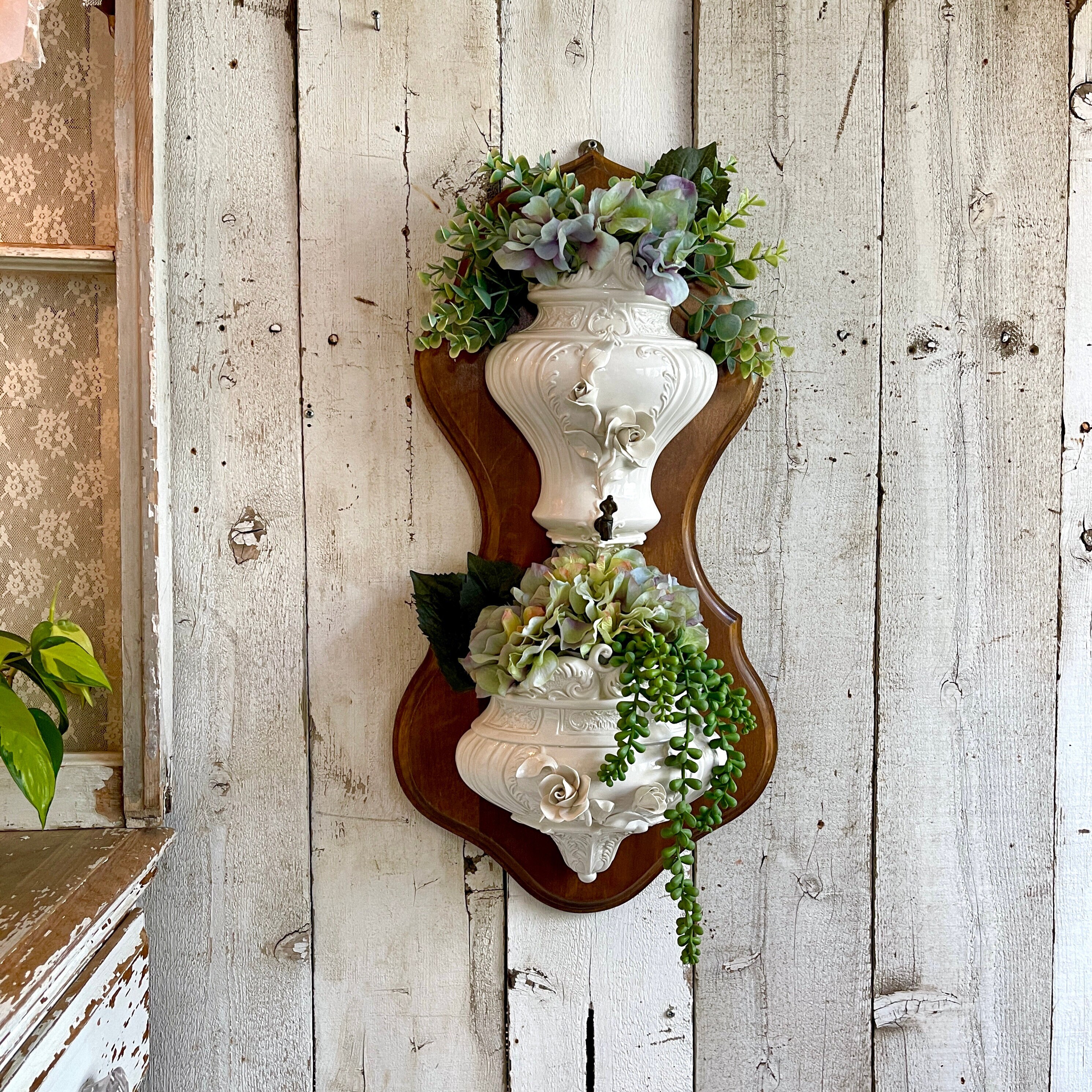 Italian White Porcelain Ceramic Lavabo Mounted on Wood Plaque, 24