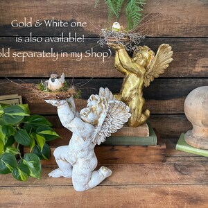 Puede incluir: Dos figuras de querubines, una blanca y otra dorada, cada una sosteniendo un nido de p&aacute;jaro con un p&aacute;jaro peque&ntilde;o dentro. Los querubines est&aacute;n arrodillados y tienen alas. El fondo es una pared de madera con una planta verde a la izquierda.