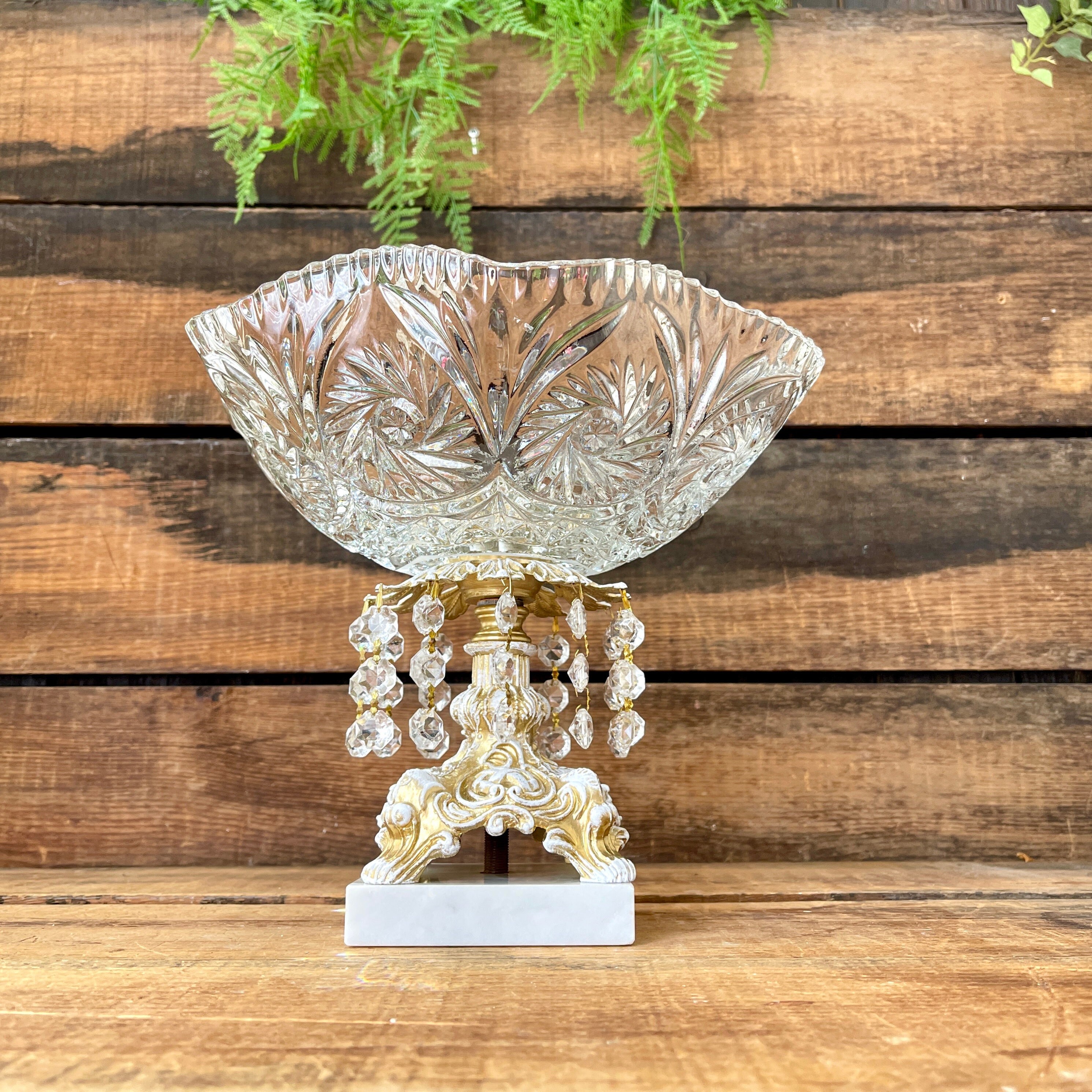Brilliant Cut Glass Compote Bowl on Ornate Gold and White Pedestal and Marble Base with Crystal Prisms, Candy, Fruit Centerpiece Bowl