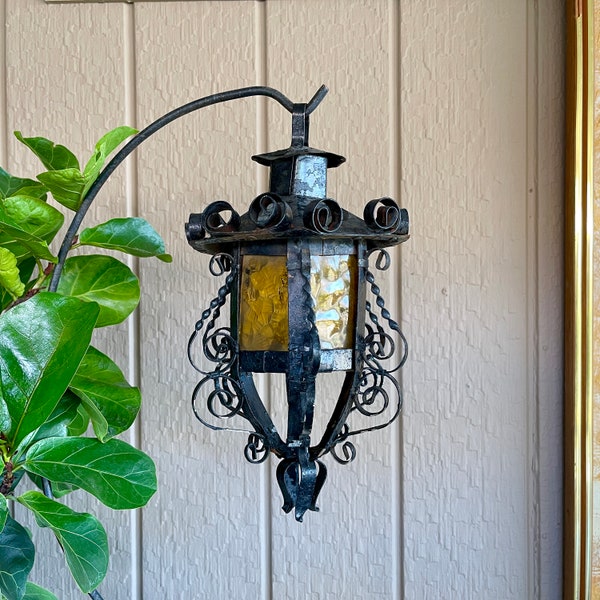 Vintage Small Spanish - Mexican Metal Hanging Lantern with Gold Textured Glass Panels - Rustic Distressed Patina & Beautiful Scrollwork |#14