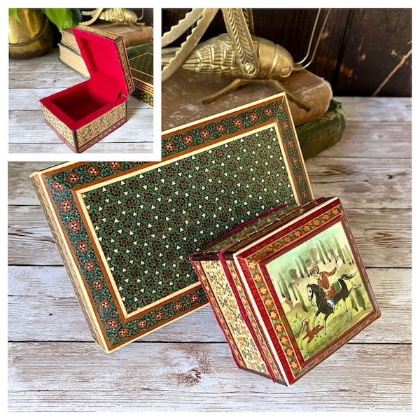 2 pc SET of Marquetry Wood Inlay Boxes - Persian Khatam Hand Painted Inlaid Wood Ring Box w/ Red Lining and Syrian Inlay Mosaic Jewelry Box