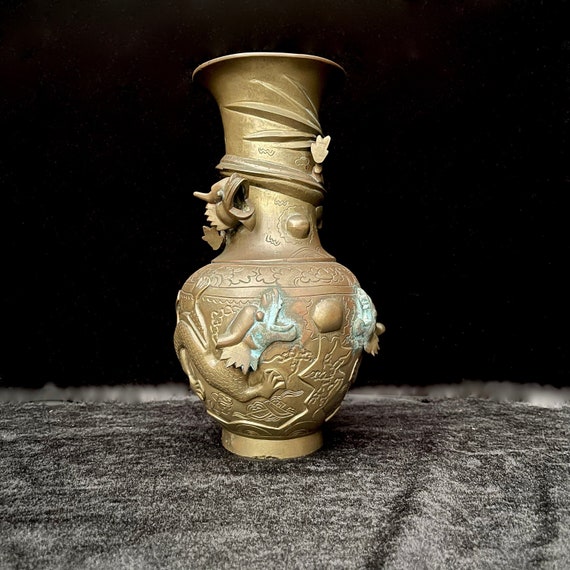 Antique Chinese Bronze Dragon Vase, Signed, High Relief