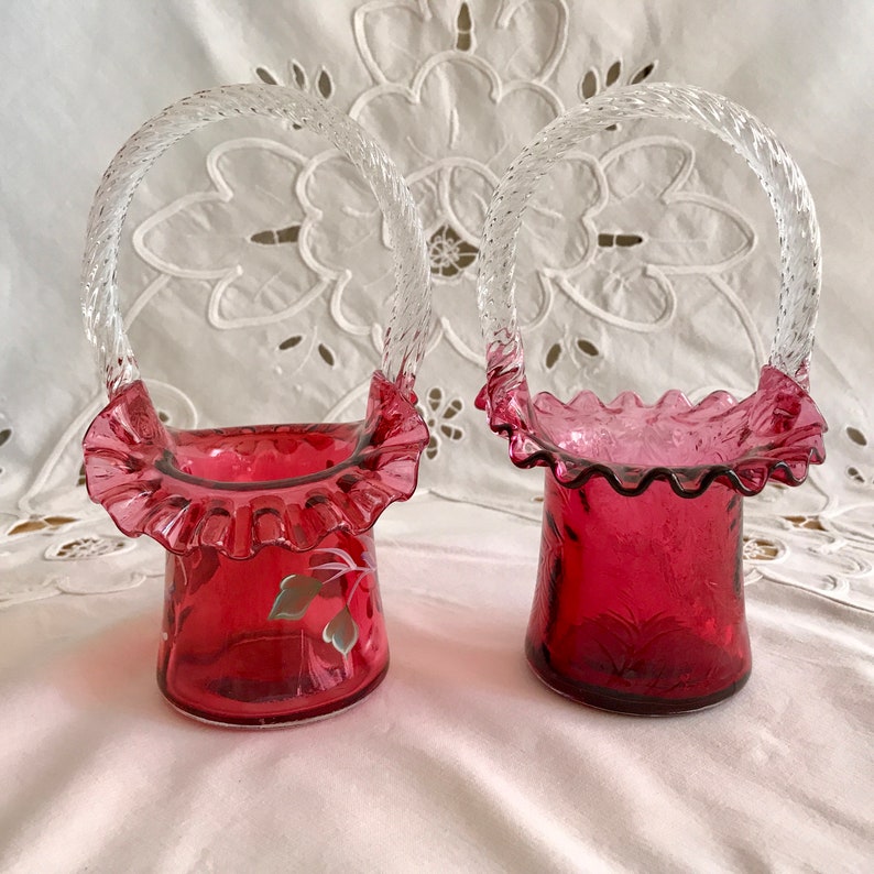 Fenton Glass Cranberry Pink Basket Set Lot of Fenton Baskets Etsy