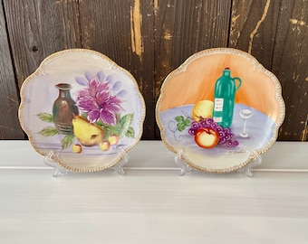 Set of Two Vintage Ucagco Hand-Painted Fruit Plates, Gold Scalloped Edges (W7)