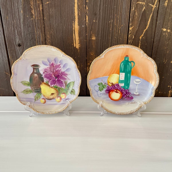 Set of TWO Vintage Ucagco Hand Painted Fruit, Wine, Floral Decorative Plates - Mid Century Wine Room, Kitchen and Dining Room Wall Decor #W7