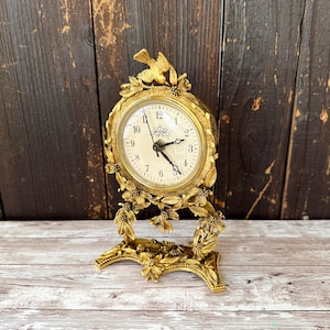 Vintage Mid Century Signed Matson Gold Ormolu Mantel Clock Birds, Dogwood Flowers, Battery Operated, Matching Vanity Mirror Sold Separately