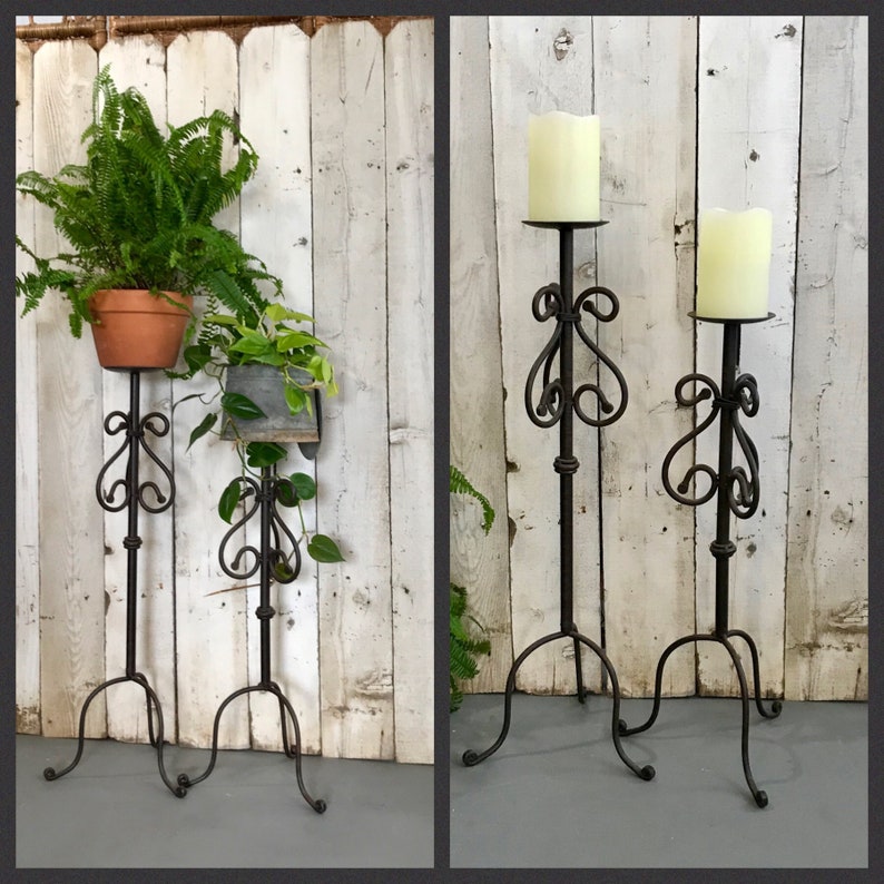 Tall Wrought Iron Pillar Candle Holder Set Of 2 32x12 And 27x12 Tall Metal Floor Candle Stands Iron Plant Stand Set Metal Plant Holders
