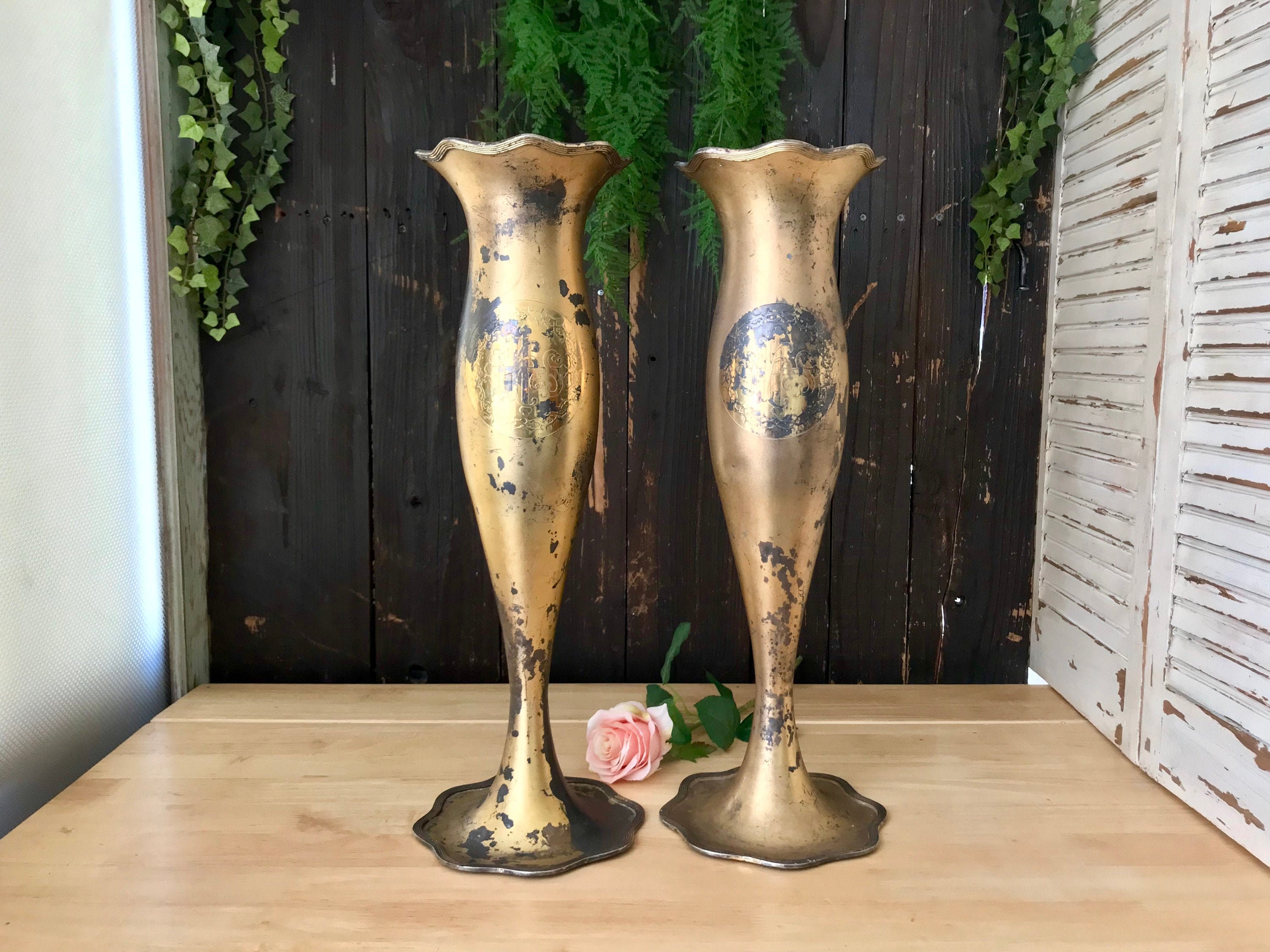 PAIR of LARGE 20 Antique Gilt Gold Flower Vases Etsy
