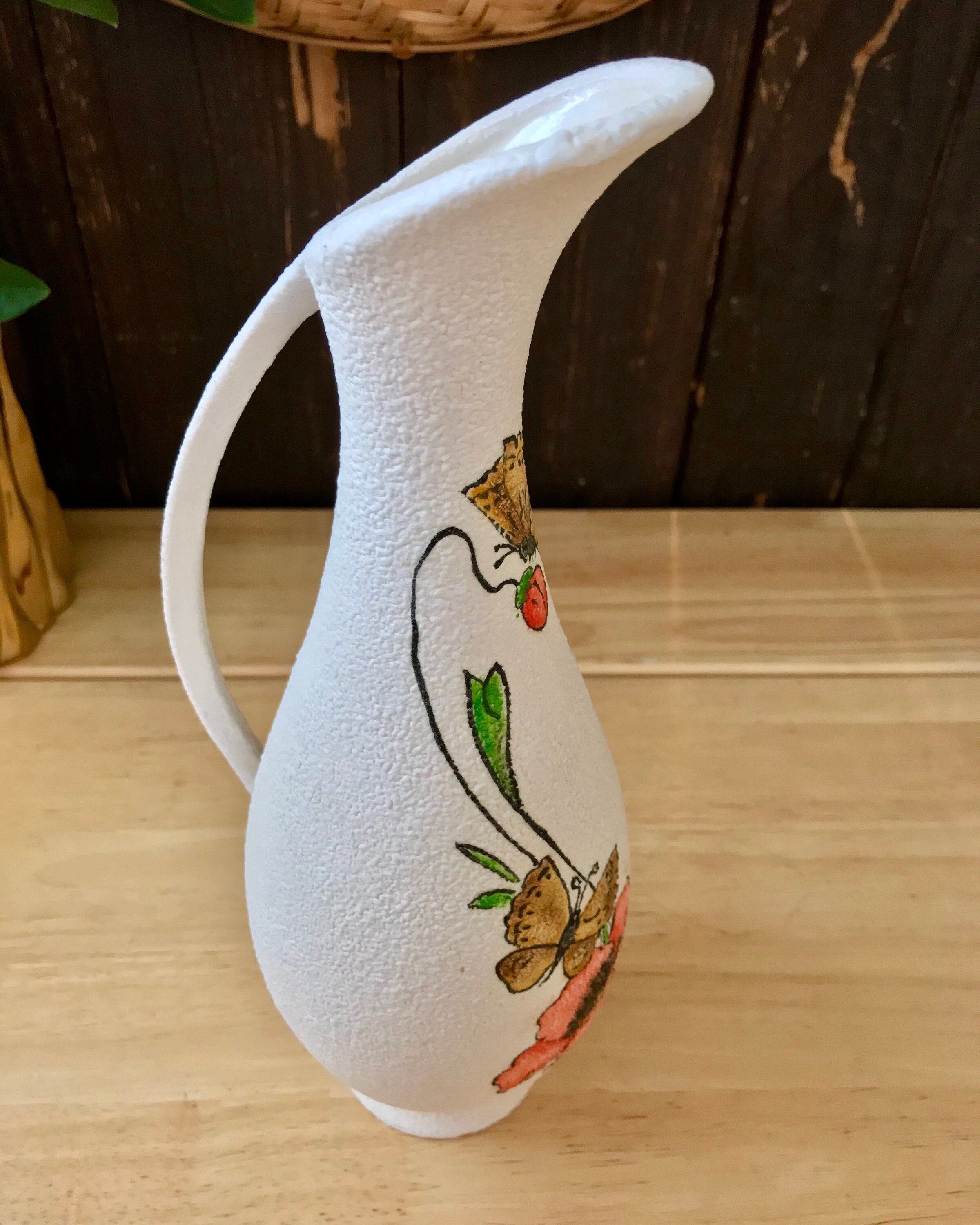 Mid Century White Ceramic Pitcher Vase with Hand Painted Etsy