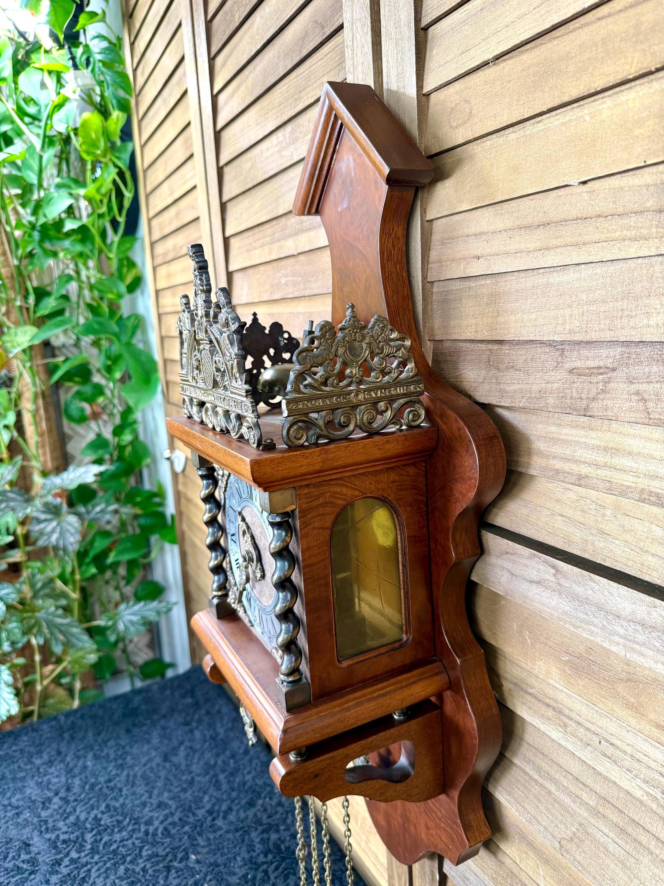 Vintage Dutch Zaanse Wall Clock, Ornate Wood and Brass Pendulum Clock ...