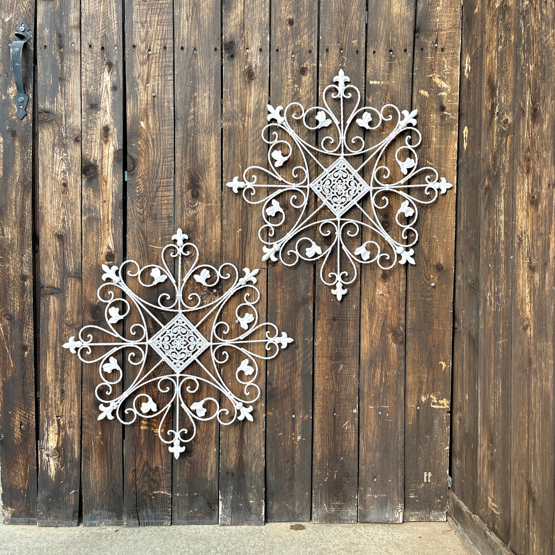 Pair of 2 Matching 25 White Wrought Iron Wall Medallions With