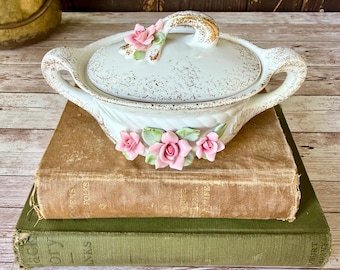Vintage Lefton China Covered Sugar Bowl with Pink Roses and Speckled Gold Accents, Shabby Chic Ring Holder, Trinket Box