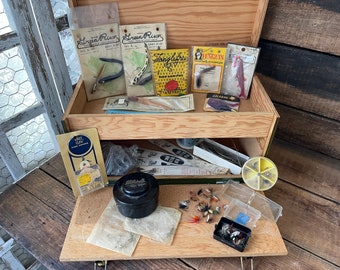 Vintage Fishing Tackle LOT, Lures, Hand Tied Flies, Fish Hooks, Leaders and more! (Box NOT included)