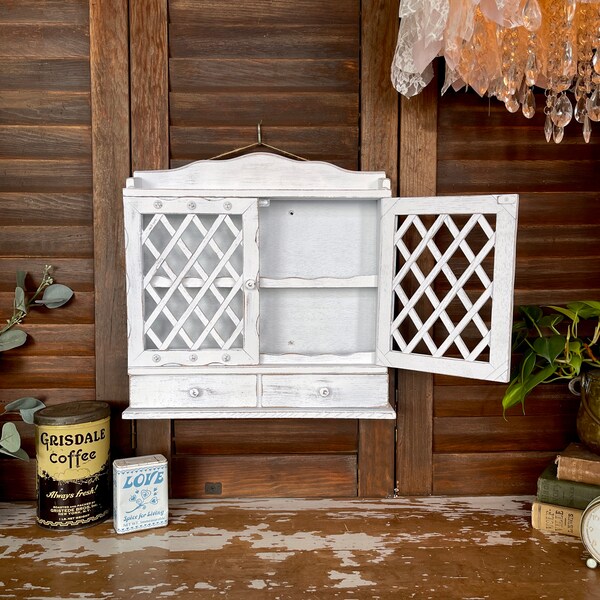 Distressed White Wooden Wall Spice Cupboard with Doors and 1 Drawer, Small Shabby Refinished Vintage Hanging Kitchen Wood Spice Cabinet