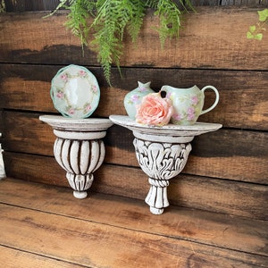 Set of 2 WOOD Wall Sconce Shelves, Painted Old World Style White, Pair Vintage French Romantic Shabby Chic Display or Plant Wall Shelf,  13