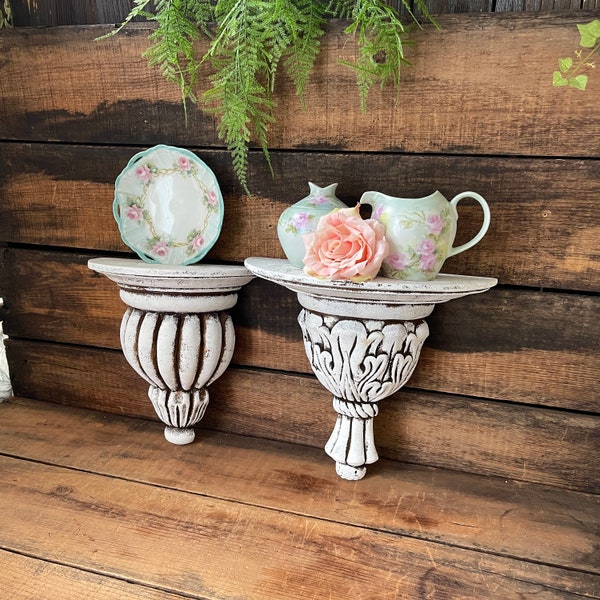 Set of 2 WOOD Wall Sconce Shelves, Painted Old World Style White, Pair Vintage French Romantic Shabby Chic Display or Plant Wall Shelf  13