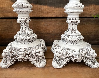 Pair 15&quot; Tall White Figural Ornate Plaster Candlestick Holders, Lion Faces, Satyr Faces, Acanthus leaves, French Romantic Shabby Cottage
