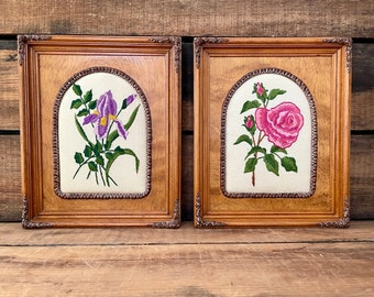 Pair of 2 Wood Framed Embroidered Rose and Iris Flowers, Vintage Floral Embroidery in Ornate Wood Frames, 11.75" x 9.75", Gallery Wall K1