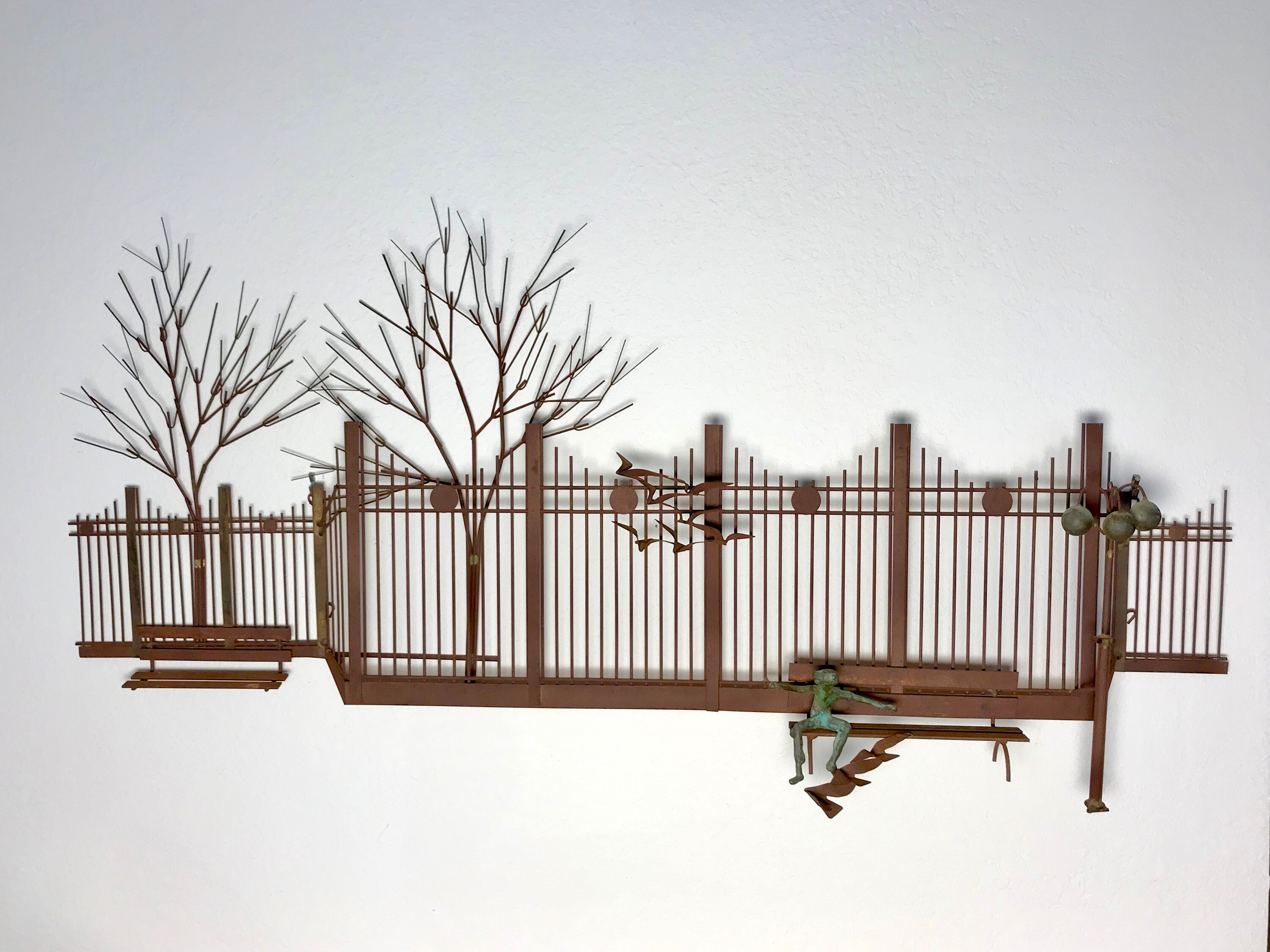 Curtis Jere Wall Sculpture Of Boy Sitting On Park Bench With Birds In Flight Fence Trees Mid Century Decor Perfect Patina 49