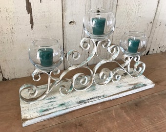 Distressed Shabby White Coastal Cottage 3 Candle Holder with Turquoise Undertones & Gold Highlights, Vintage 3 Arm Table or Shelf Candelabra