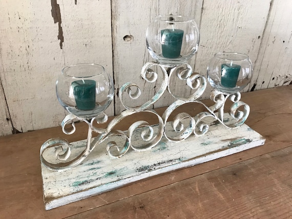 Distressed Shabby White Coastal Cottage 3 Candle Holder with Turquoise Undertones & Gold Highlights, Vintage 3 Arm Table or Shelf Candelabra
