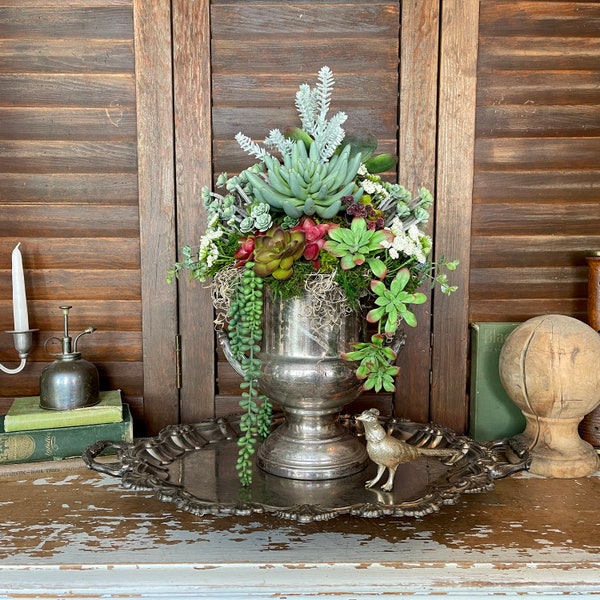 Natural Look Faux Succulents Arrangement in a Vintage Silverplate Champagne Bucket Loving Cup Urn - Handmade Greenery Tabletop Centerpiece