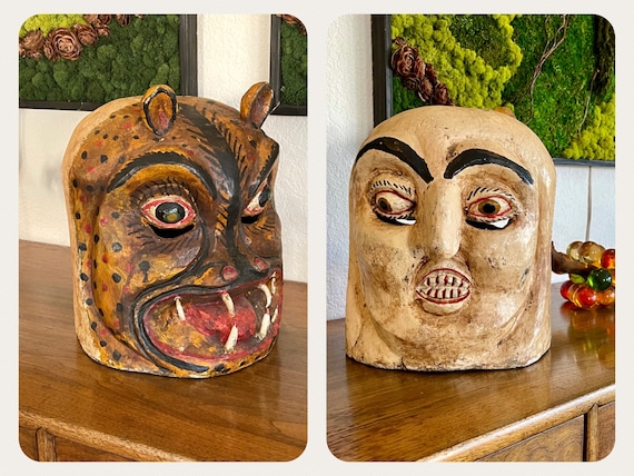 Large 2 Sided African JANUS Helmet Mask, Vintage Wooden Two Faced