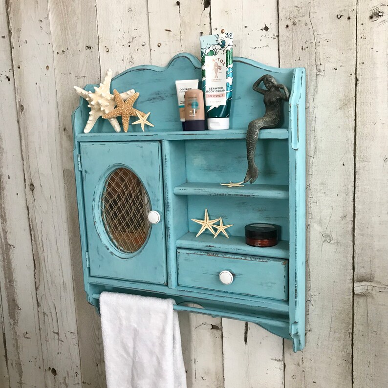 Rustic Wood Wall Cabinet With Towel Holder Mirror Bathroom Rack Kitchen Spice Turquoise Blue Coastal Beach