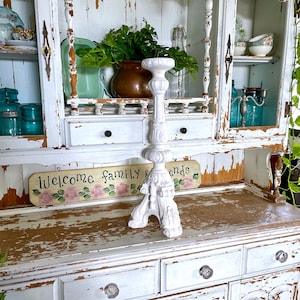 Vintage White 22.5&quot; Plaster Neoclassical Style Candle Pillar Holder with lovely Patina for your Shabby Cottage Home