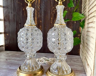 Pair Vintage Cut Crystal Glass Table Lamps 31”