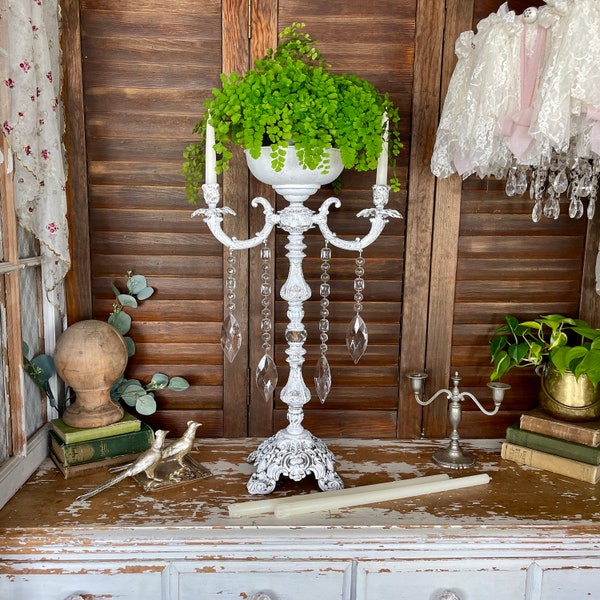 Large 25.5" Tall Distressed White Silverplate Table Candelabra Centerpiece Plant Holder, Shabby Cottage Chic Ornate Candleholder with Prisms