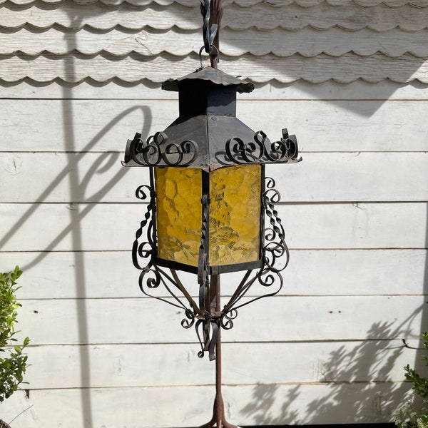 Vintage Spanish - Mexican Metal Hanging Lantern with Gold Textured Glass Panels, Natural Rusty Distressed Patina and Beautiful Scrollwork |8