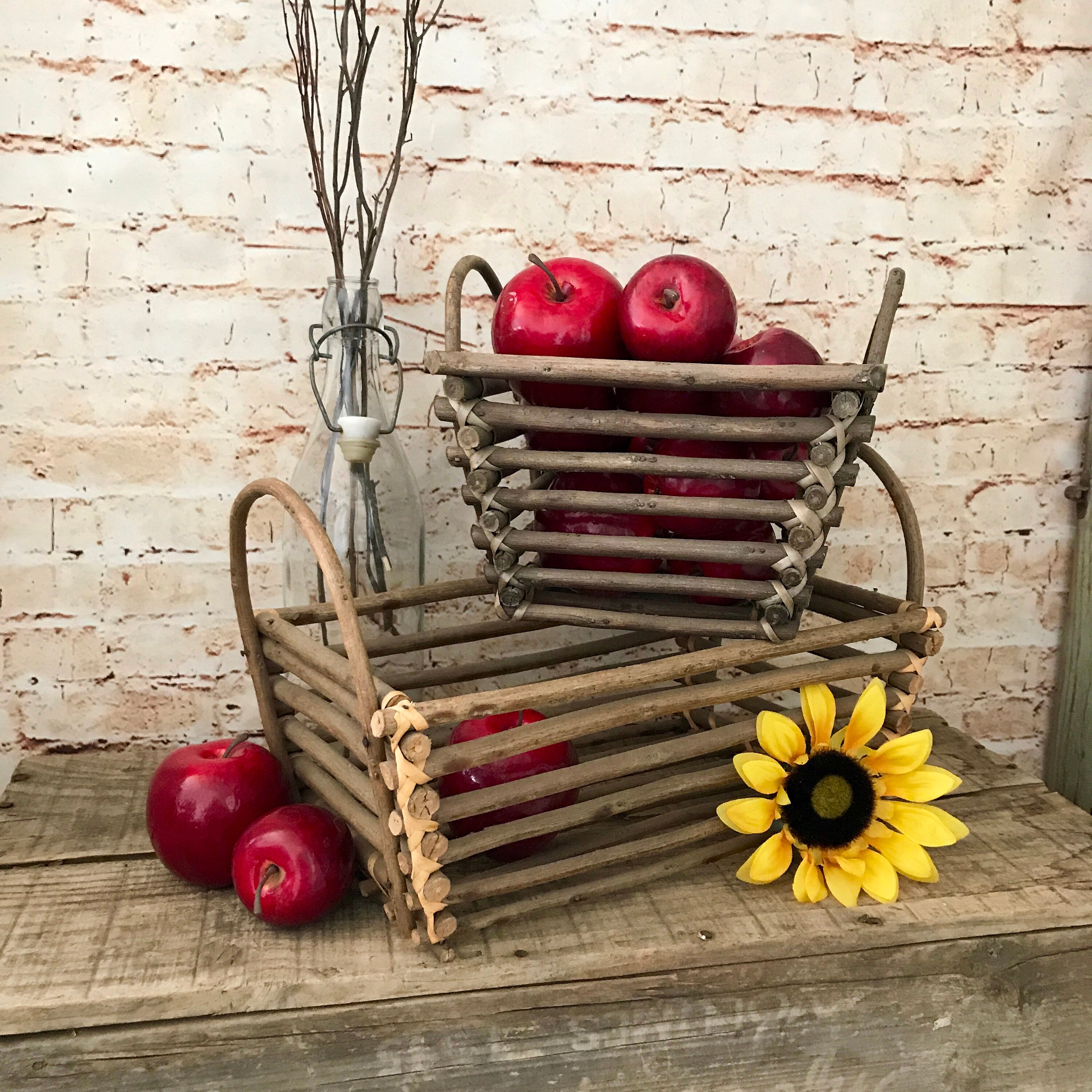 Twig Basket Set Rustic Tree Branch Baskets Woven Wood Stick Etsy
