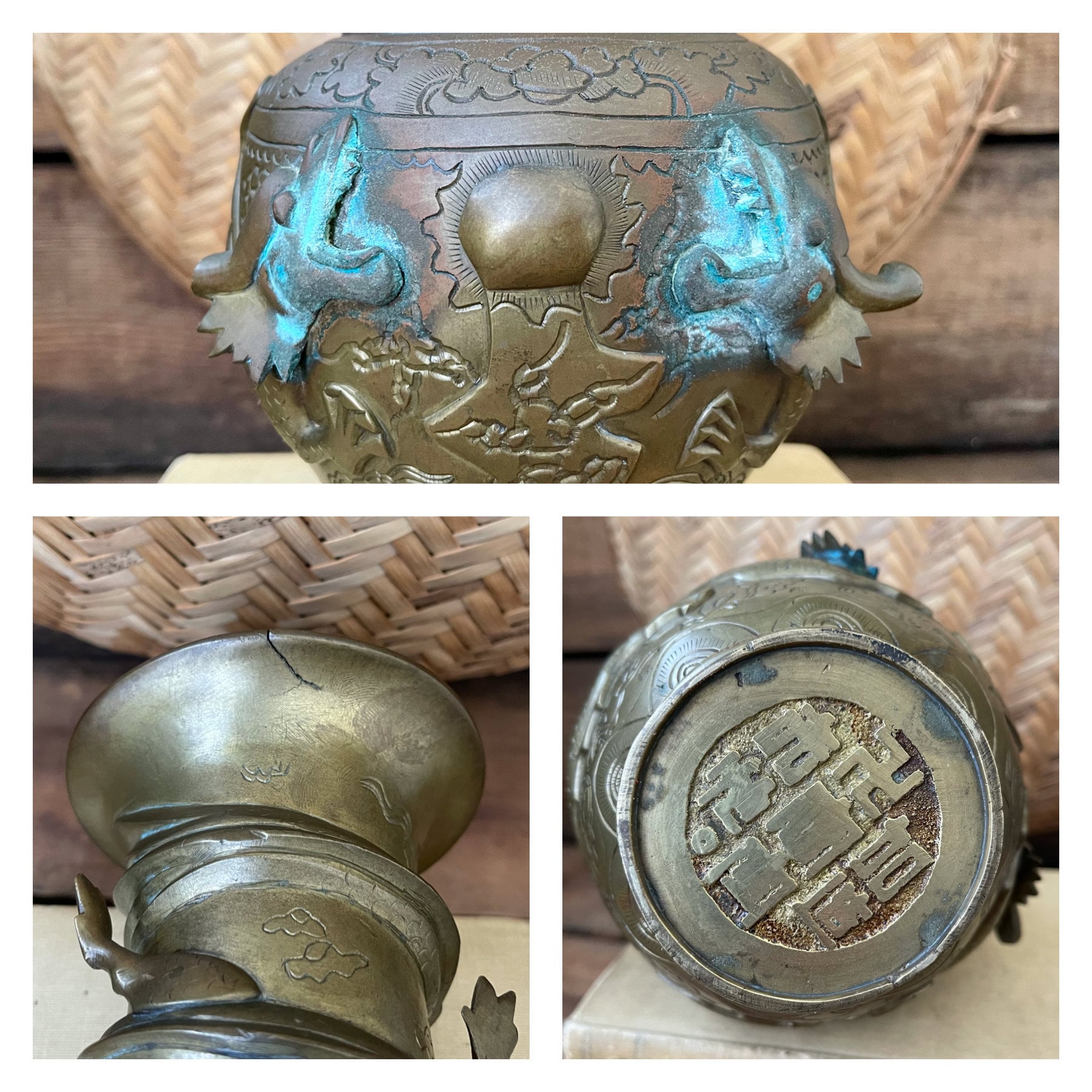 Urne Ou Vase Italien En Bronze Antique - Scène Dragon Et Putto - Décoration Vintage - 11,5 Cm
