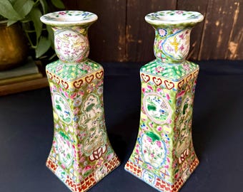Vintage Famille Rose Canton Porcelain Candlesticks Pair Chinese Hand Painted Chinoiserie Candle Holders